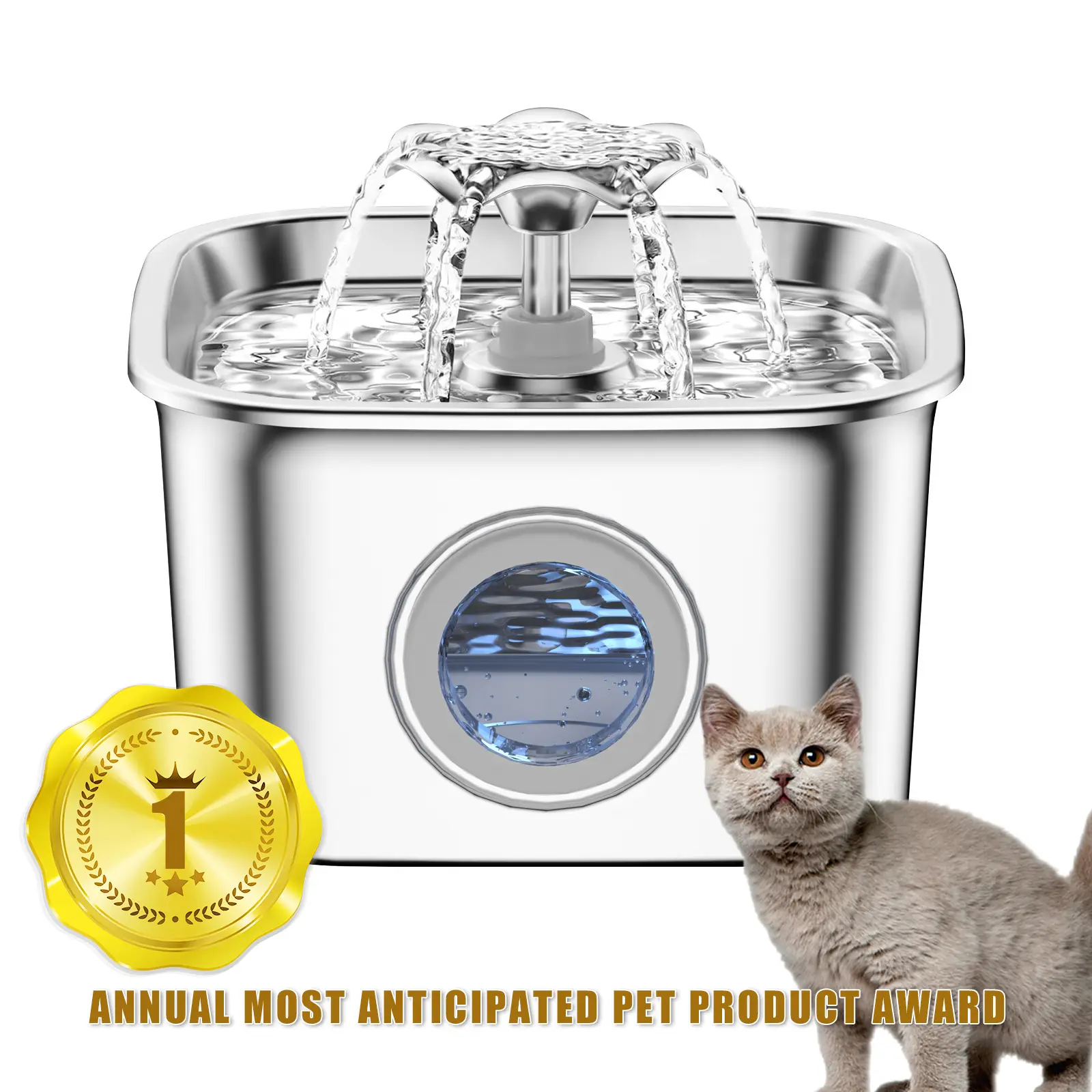 2.6L/88oz Stainless Steel Water Fountain for Cats,Cat Water Fountain,Visual Water Level Window with LED,Gift for pet,Pet products,Dog lover,Springtok