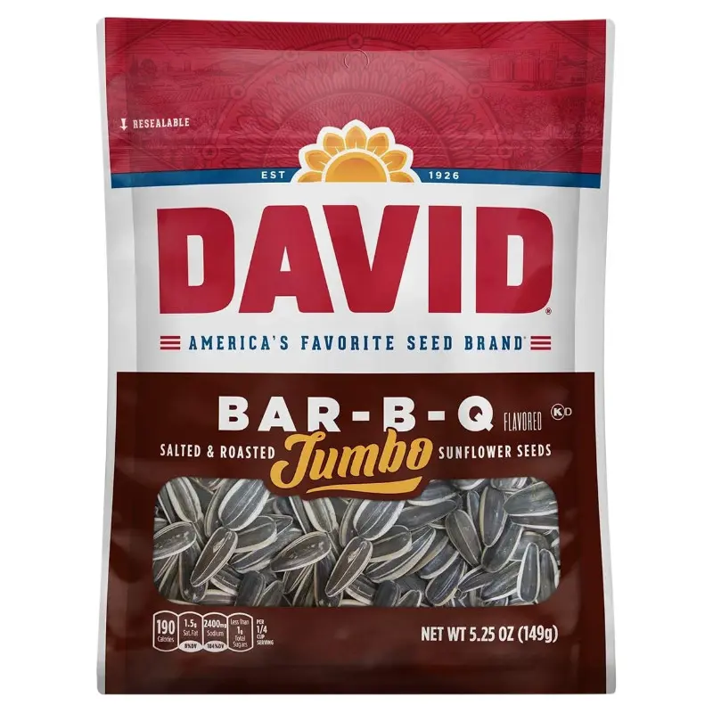 David Jumbo Barbecue Sunflower Seeds (12-Pack, 5.25 oz Each) - High Protein, Fiber-Rich, Delicious Crunch Savory Snack Treat for All Ages, Jumbo Sunflower Seeds