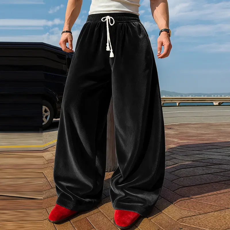 INCERUN Men's Oversize Velvet Wide-Leg Pants - Retro, Aesthetic, Comfy, Dance-Friendly Clubwear Trousers with Drawstring, Loose Baggy Fit for Autumn Winter Casual Lounge, Clubwear Men's Pants