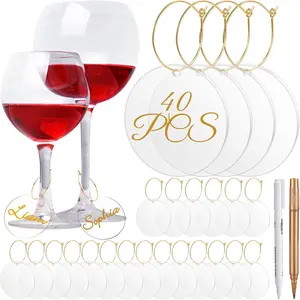 Tondiamo 40 Pcs DIY Wine Charms for Glasses Acrylic Wine Charms with Rings Tags Marker Pen Blank Wine Glass Labels Bulk for Stem Glasses Cocktail Champagne Wedding Dinner Party Favor Tondiamo