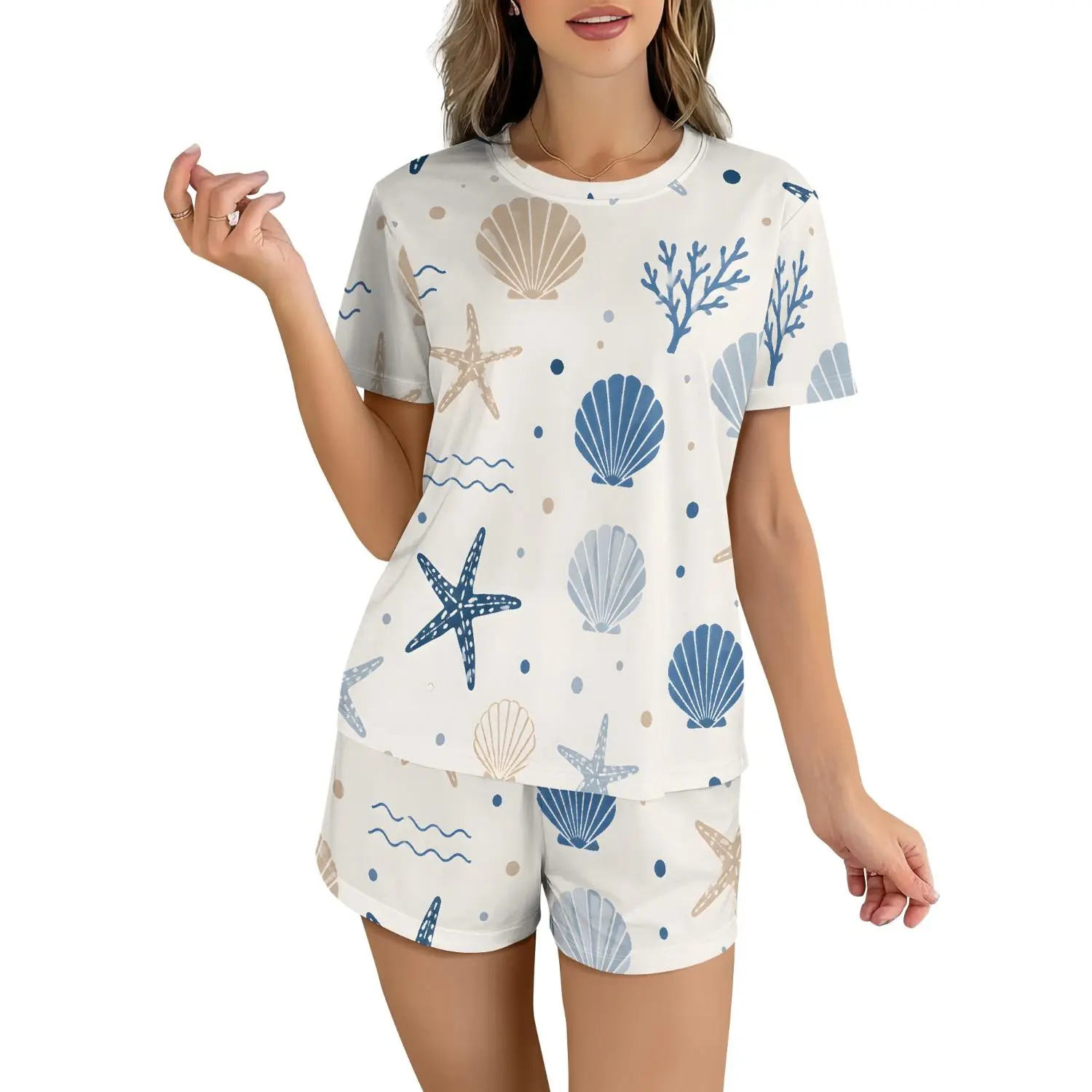 Sea Shell Print Women’s 2-Piece Pajama Set - Short Sleeve Cozy Lounge Wear for Relaxed Everyday Vibes