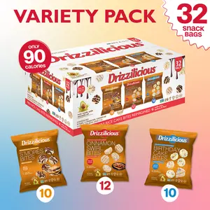 32 Pack - Drizzilicious - Variety Pack Mini Rice Cakes [S'mores, Cinnamon Swirl, Birthday Cake] Only 90 Calories Per Bag - .74 oz