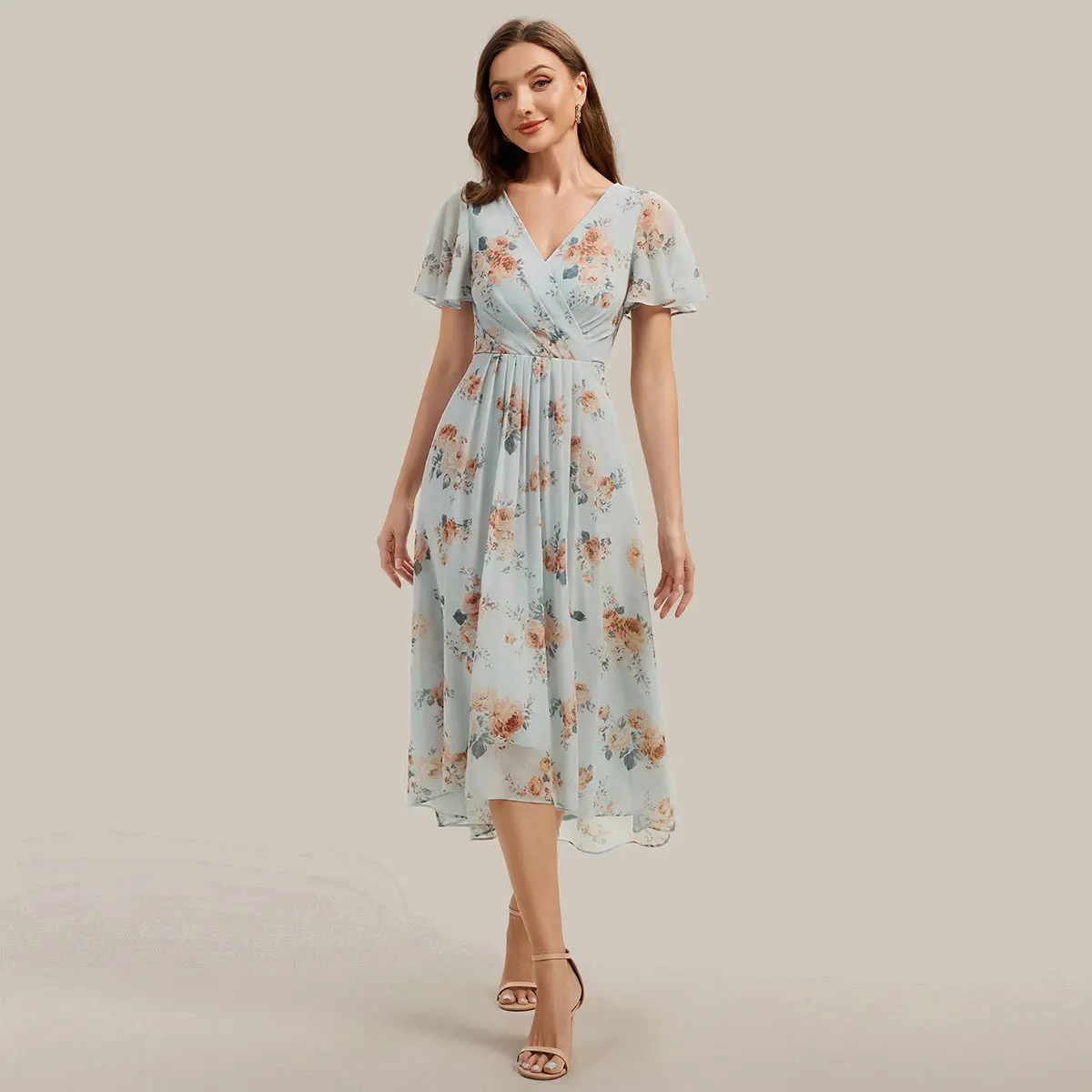 EVER PRETTY Women's Floral Shortsleeve Chiffon Maxi Dress, Flowy V-Neck Gown for Wedding Guest & Formal Events, Wedding Guest Dress, Floaty Chiffon, Chic, Baby Shower