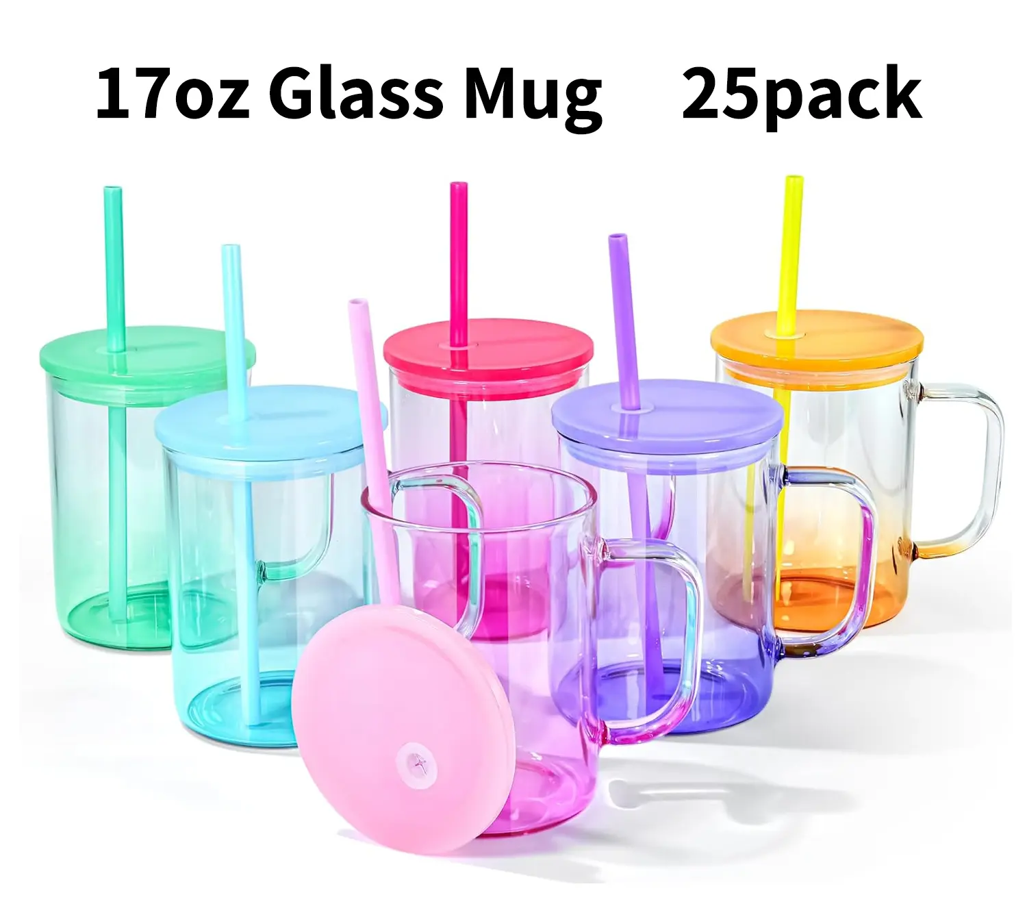 Crafix 25-Pack Sublimatable Gradient Glass Mug, 17oz/500-1000ml Washable Reusable Drinking Tumbler with Handle, Lid, Colorful Straw, Portable US Warehouse Kitchenware Drinkware