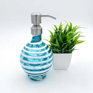 Boho Handblown Glass Soap Dispenser – Teal Blue with Distressed White Spiral