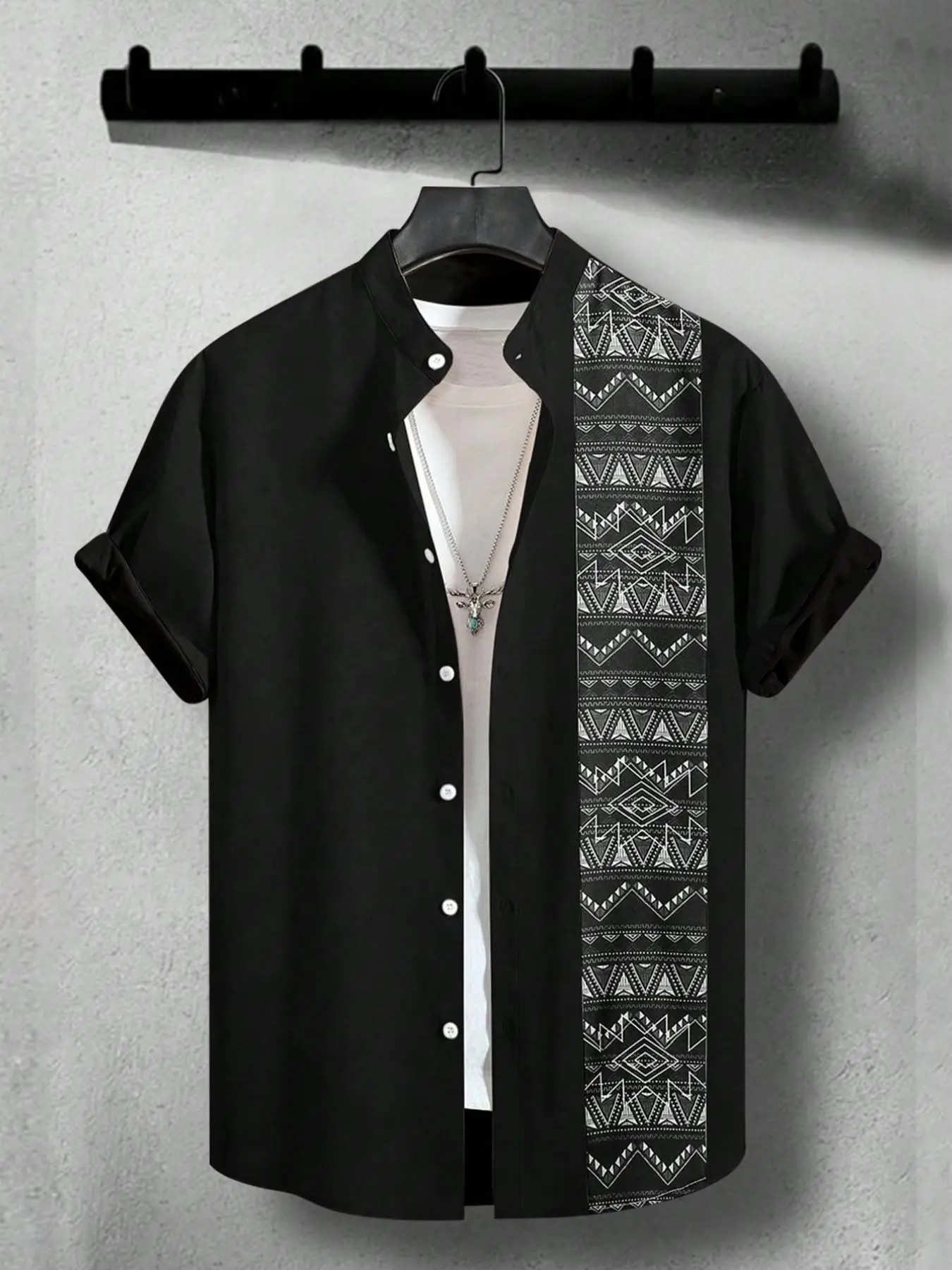 Men's Baroque Ethnic Patchwork Pattern Pocket Short Sleeve Pajama Shirt, Regular Fit Casual Comfy Button Front Top for Summer, Men's Sleepwear for Daily Wear