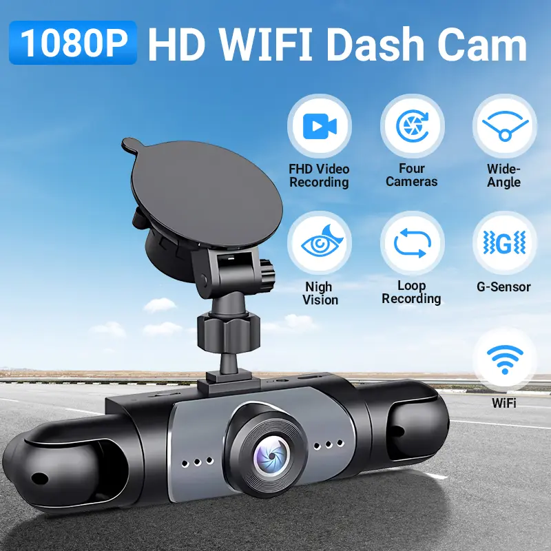 4-Lens Car Dashboard Camera, Automotive DVR Dashcam with 32GB Built-in Storage, WiFi, App Control, IPS Screen for 2026 Smart Vehicles