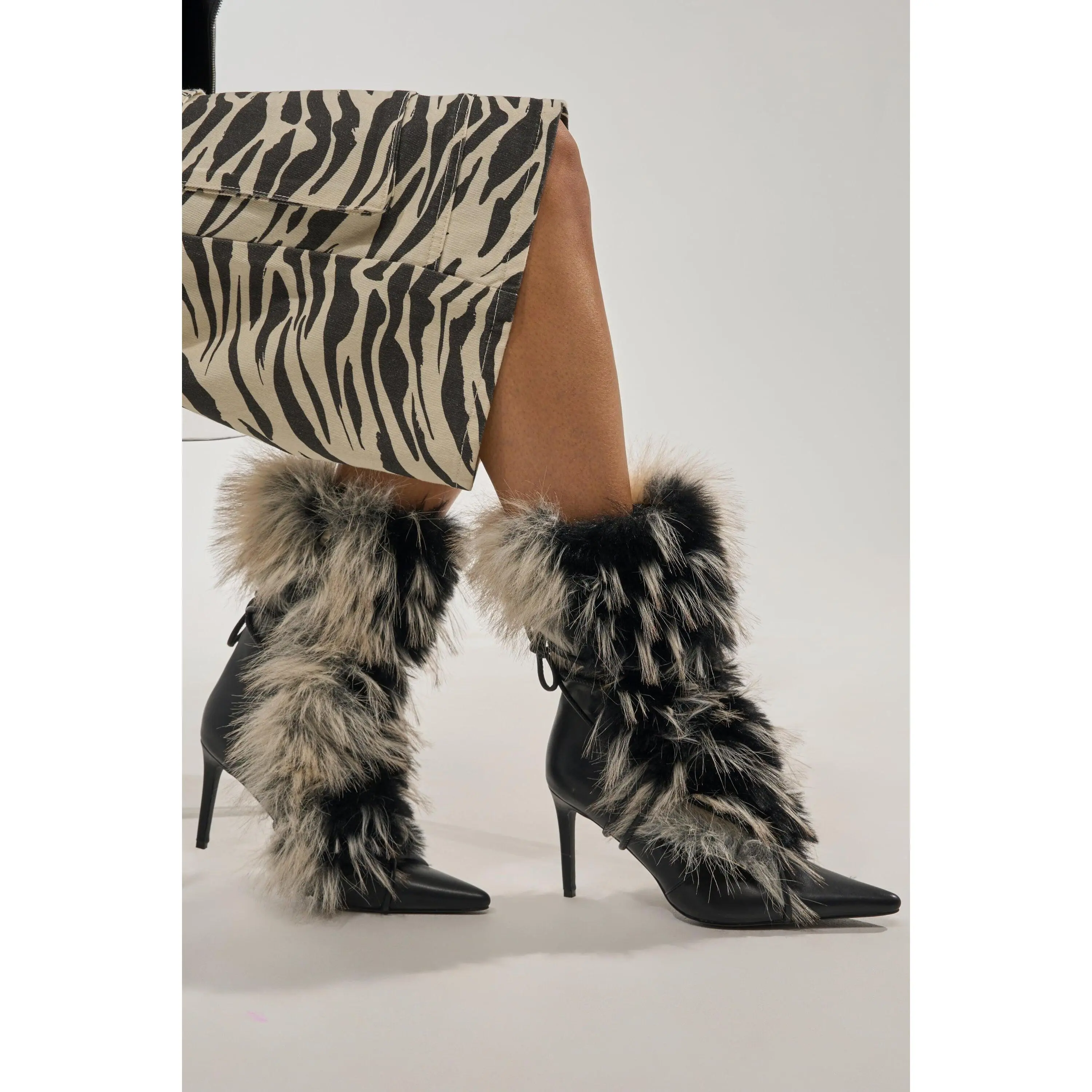 AZALEA WANG MAHTAMA BLACK AND BEIGE FUR STILETTO BOOTIE