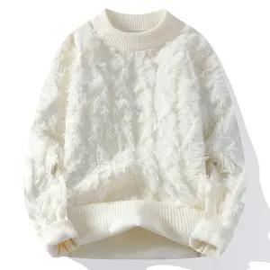 Autumn Winter Fashion Cream White Vitality Texture Tassel Knitted Pullover Sweater Unisex Long Sleeve Loose Street Style For Daily Party Weekend Casual