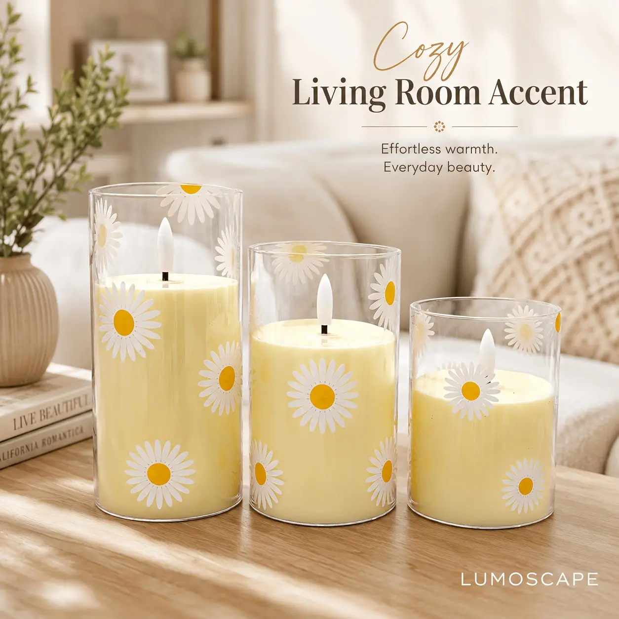 3pcs White Daisy Flameless LED Pillar Candles, Assorted Heights Clear Plastic Cups Printed Daisy Flower Pattern, Realistic 3D Flickering Flame Powered Fake Candles, Lamp for Indoor Tabletop, Wedding Centerpiece, Farmhouse Spring Home Ornament