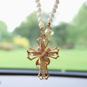 Rhinestone Decorated Cross Pendant Necklace, Car Rearview Mirror Hanging Ornament, Car Interior Decoration Accessories for Women & Men, Car Interior Accessory