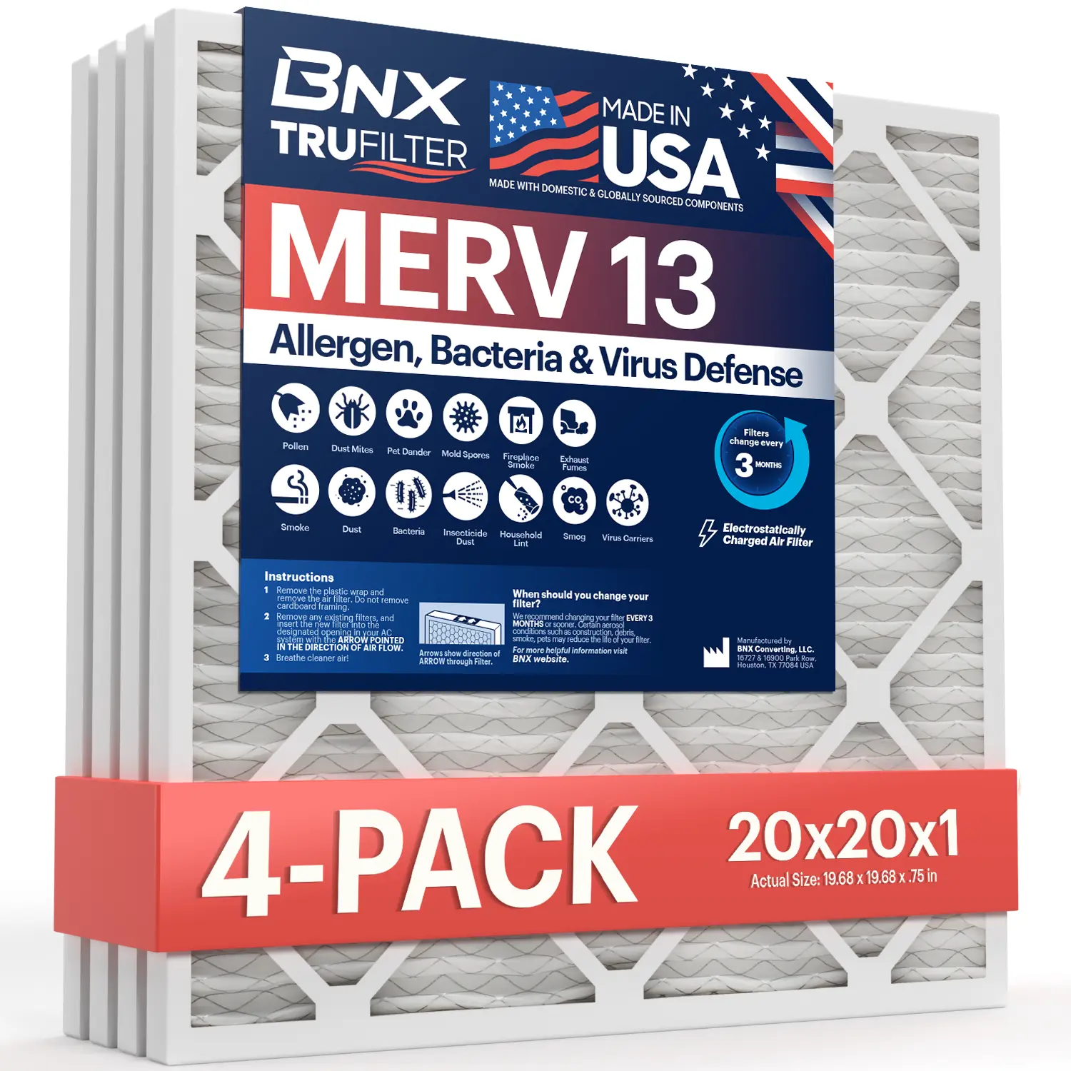BNX TruFilter 20x20x1 MERV 13 High-Efficiency Air Filter (4-Pack Value) - MADE IN USA - Electrostatic Pleated HVAC AC Furnace Filter with Manufacturer Warranty for Allergies, Smoke, High-Efficiency Filtration