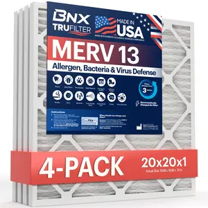 BNX TruFilter 20x20x1 Air Filter MERV 13 (4-Pack) - MADE IN USA - Electrostatic Pleated Air Conditioner HVAC AC Furnace Filters for Allergies, Pollen, Mold, Bacteria, Smoke, Allergen, MPR 1900 FPR 10
