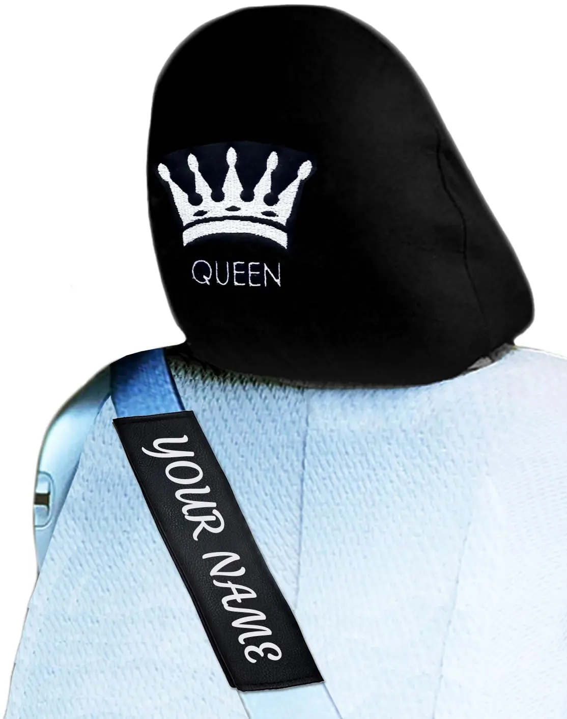 YUPBIZAUTO Queen Headrest Cover & Personalized Seat Belt Pad, 2-Piece Set