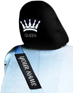 Yupbizauto Embroidery Queen Logo Car Headrest Cover & Custom Seatbelt Pad Set - Unique Gift - Embroidered Name Accessory Premium Gift Set- Universal Fit (SUV/Truck/Sedan) Made in USA