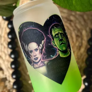 Halloween Horror Drinkware, Iced Coffee Glass with Bamboo Lid and Straw, Monster with Bride Glass, Horror Gifts for Her, Cute Coffee Glass Cup, Matcha Glass Tumbler, Spooky Gift Ideas for Her, Horror Movie Lovers, Gifts for Women