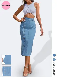 Flvsun-High Waisted Denim Skirt for Women Button Front Slit Midi Skirt for Ladies Fashion  Bottom Basic Minimalist  Elegant Solid Color Design, Casual Attire