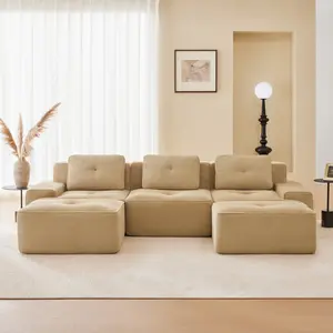 Modern U-Shaped Modular Sectional Sofa for Living Room, Corduroy Fabric, 3-Seater Couch with Deep Seat and Movable Ottoman,Pearl-like piping, Tufted Design,No Assembly, Anti-slip Design​,Brown/Blue/Green/Black/Camel  couch