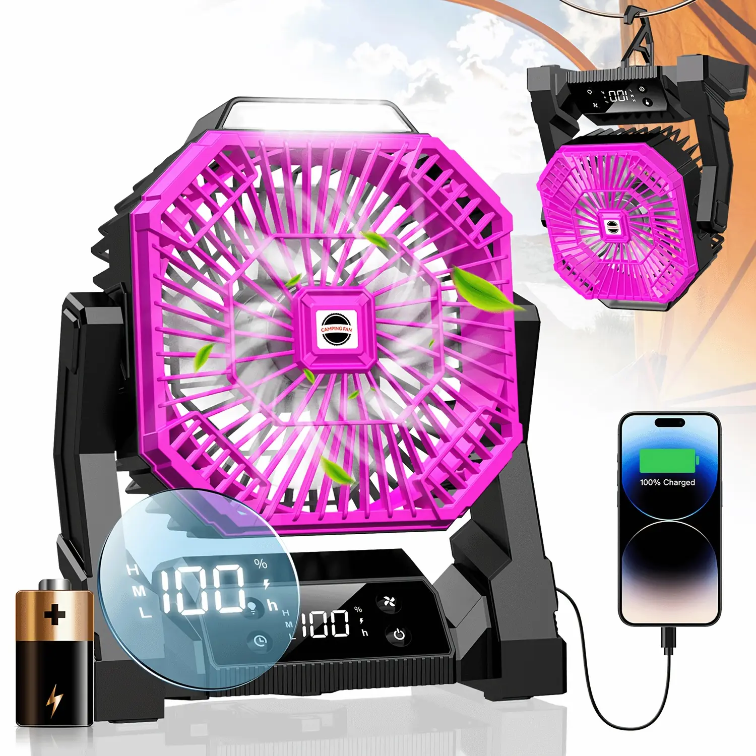 Compact USB Fan with a 20000Mah Rechargeable Battery, LED Light, Digital Display, And Emergency Charging Feature, Comes with a Tent Hook, Ideal for Office, Gym, Kitchen, Home, Sleeping, And Camping (Pink And Black)