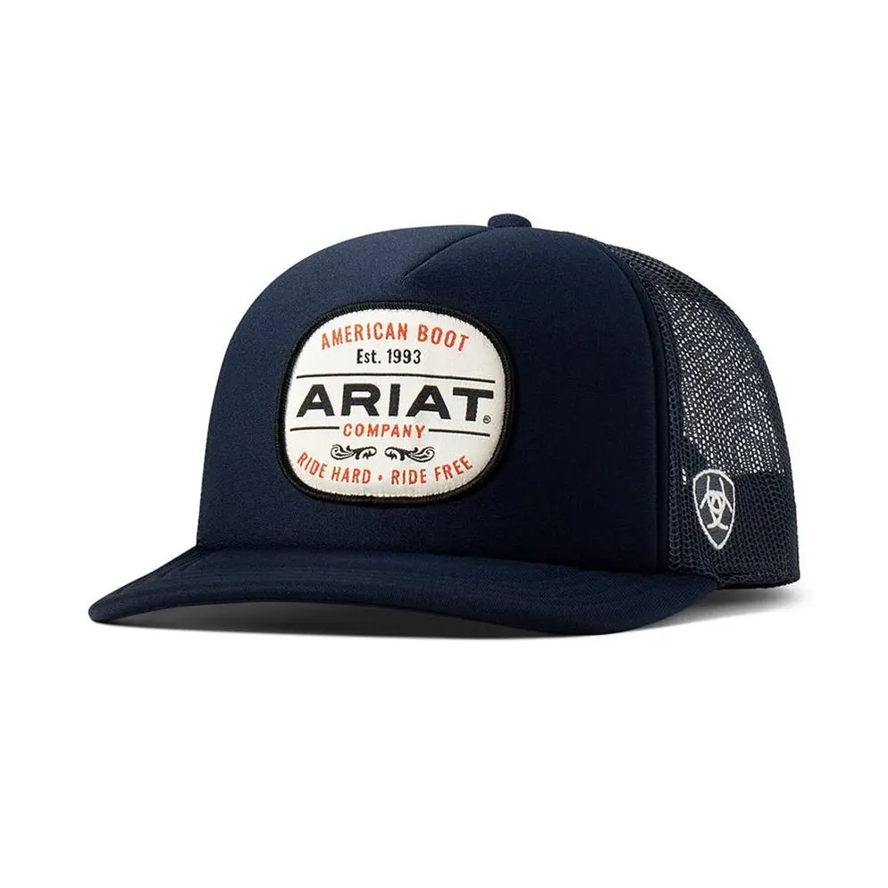 Ariat Navy American Boot Patch 2-Toned Trucker Cap - Mesh Back, Snapback Auto-Adjusting Hat, Unisex Fit, Western Vibe Fashion Accessory, Auto-Adjusting Hats, Two-Toned Hats
