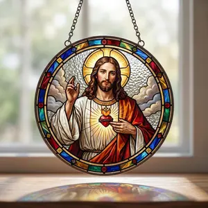 [Made in US] Sacred Heart of Jesus Suncatcher, Stained Glass Style Catholic Window Art, Divine Mercy Church Decor, Religious Christian Gift for Mom Dad