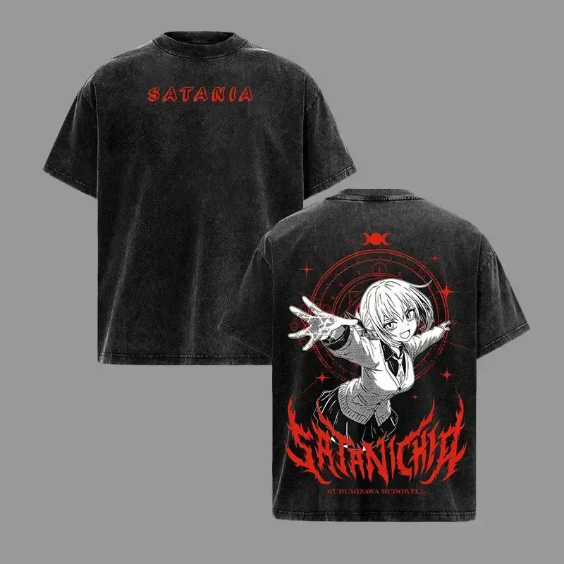 Men's Short-Sleeve Oversized T-Shirt, Menswear Top, Occult Magic Circle Satania Double-Sided Print, Vintage Washed Black, Goth Demon Girl Gabriel DropOut Yami Kawaii Anime Design