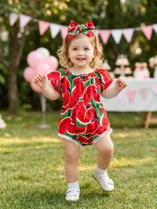 Baby Girl Summer Watermelon Print Onesie with Hairband, Short Sleeve Bodysuit, First Birthday Dress, Cute Infant Clothing, Spring Fashion Trend