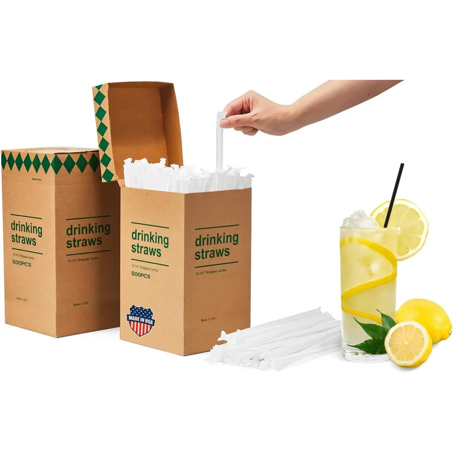 Plastic Drinking Straws,1000 PCS Individually Wrapped Black Disposable Straws,Straight Long Straw for Party Daily Use [10.2" Long, 0.23" Diameter] Food-Safe BPA Free - Made in USA (2 boxes of 500)