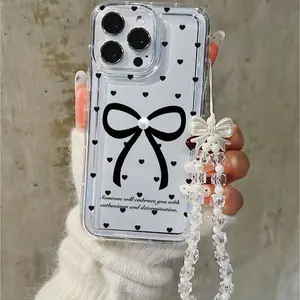 Black Bow Heart Quote Phone Case Protector Y2K Aesthetic Shockproof Wear-resistant with Ribbon Strap for iPhone11-17promax IPhone11/12/13/14/15/ Promax16/16Promax/16pro/16plus