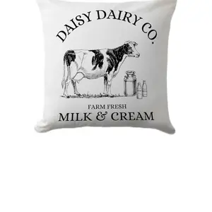 Daisy Dairy Co Farmhouse 18x18 Inch Throw Pillow Cover with Cow and Milk Bottles Design for Home Decor