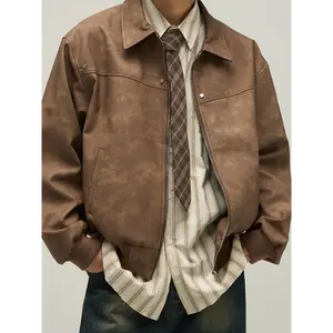 Vintage-Inspired Men'S Casual PU Leather Jacket Loose Fit Suede Outerwear,Solid Color, Long Sleeve, Autumn/Winter Collection  Menswear Coats