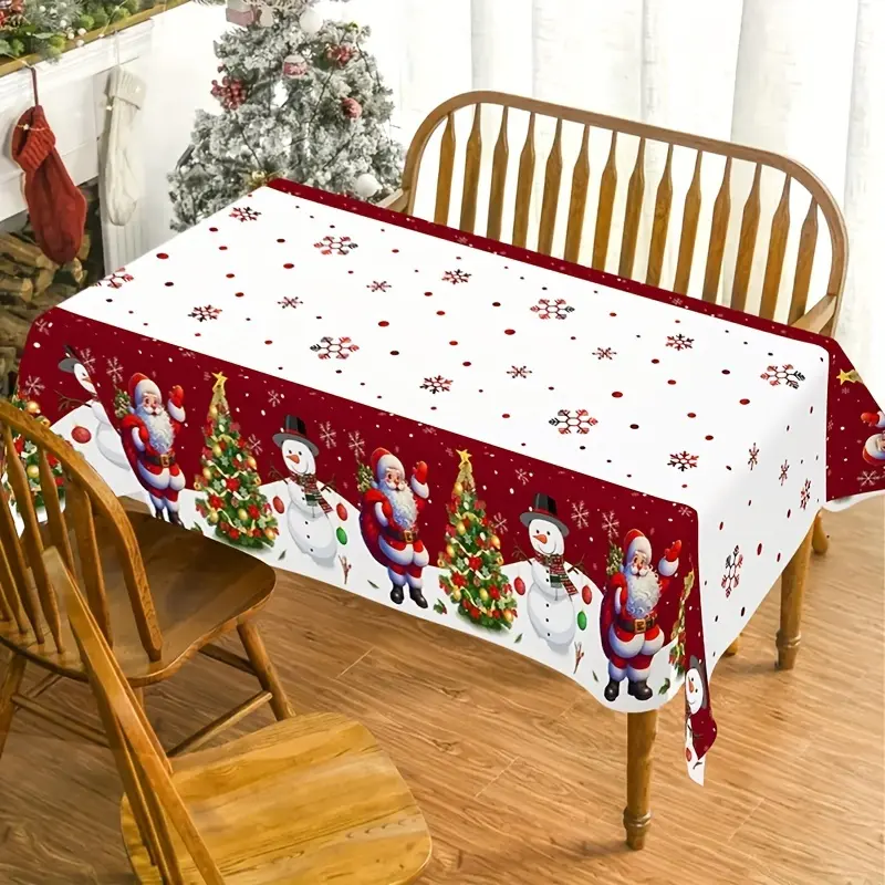 1pc, Christmas Plastic Tablecloth with Santa Claus Snowman Xmas Tree Design,   Rectangle Christmas Table Cover for Kitchen Dining Table Decor, Christmas Decorations 2024 for Home Festive Holiday Gifts New Year Snowflakes