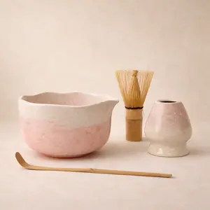 Handmade Sakura Pink Crystalline Ceramic Bloom Matcha Ritual Set