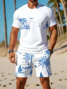 Men's Summer Set Short Sleeve Tee + Printed Beach Shorts, Blue Palm Sail Pattern, Casual Vacation Two-Piece