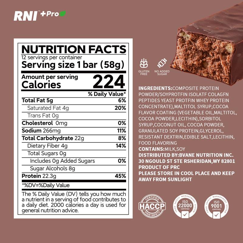 RNI Chocolate Brownie Protein Bar with 22g Protein (38% High Protein) — Zero Sugar, Gluten Free, Low Calorie with Protein Crisps, Keto-Friendly, Nutritious Snacks to Support Energy, Perfect for Post-Workout & Healthy Snacking, 12 Bars