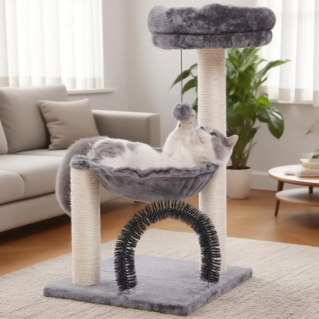 FluffyDream 27.5in Sisal Wood Cat Tree Tower - Easy-to-Assemble Multi-Level Pet Activity Center with Plush Basket, Scratching Posts, Fur Ball, Interaction Space, Resting Condo for Kittens (Includes Hardware & Tools) - Ideal Mother’s Day Gift for Cat Moms,