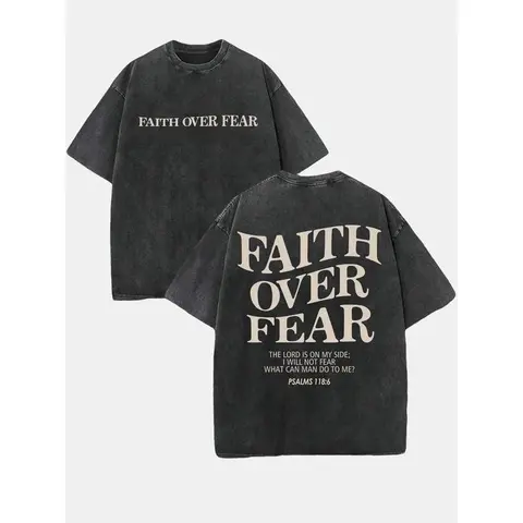 Mens 230 Cotton Retro Washed Casual Style Tee - Double-Sided 'FAITH OVER FEAR' Letter Print, Loose Short-Sleeve Crewneck, Mensfashion Streetwear Top, Men's Gifts Christmas