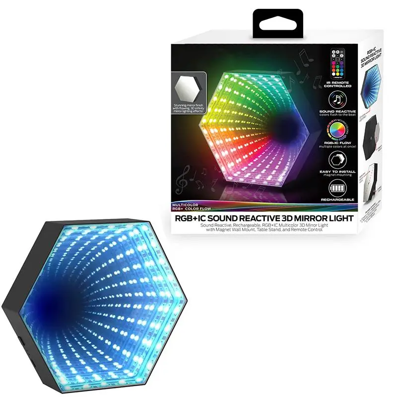 Rechargeable RGB Sound Pickup Light, RGB Color Flow Sound-Reactive Infinity Mirror Light, Creative Hexagon 3D Mirror Light for Game Room, Bedroom, Bar, Music Lights, Atmosphere Lamp