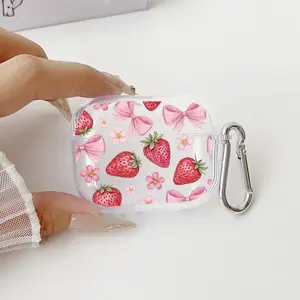 Strawberry Bow Blush Pattern Protective Case for AirPods 4/3/2/1/Pro/Pro2 Soft TPU Earphone Cover, Transparent with Keychain
