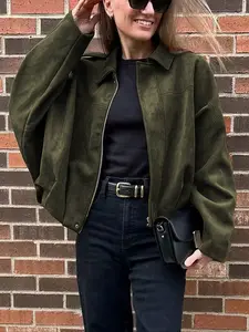 Women's Suede Leather Jacket, Olive Faux Leather Flight Bomber Coat, Oversized Batwing Sleeves, Y2K Vintage Style, Daily Wear