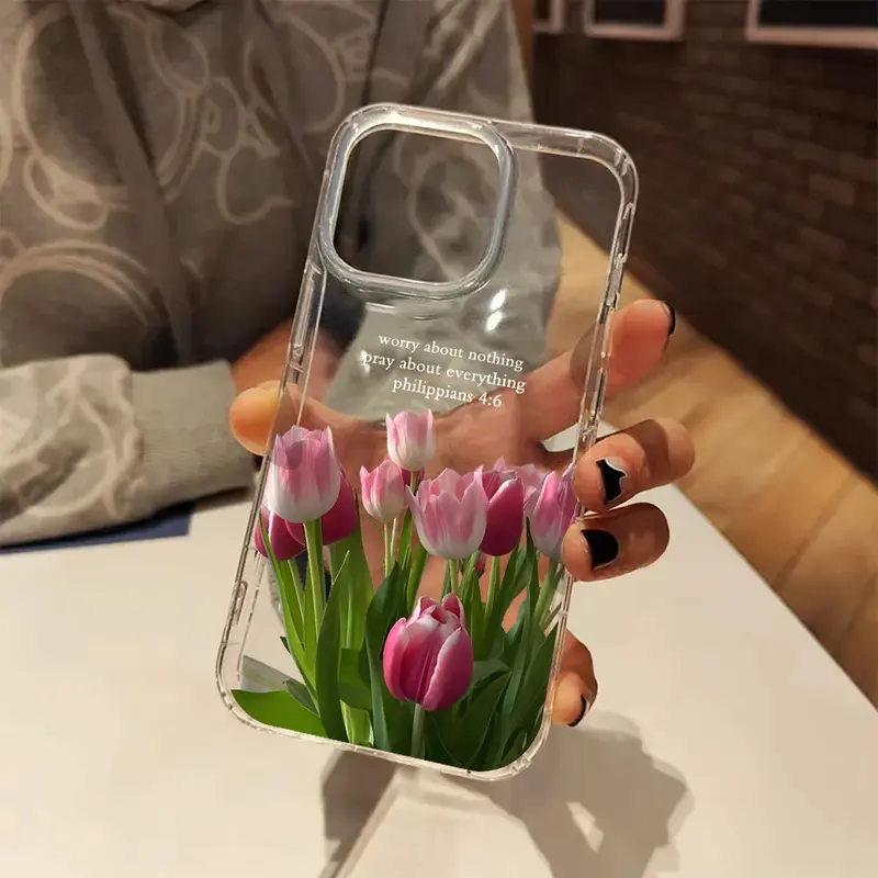 Pink Tulip Philippians 4:6 Religious Christian Aesthetic Smartphone Case - Anti-Drop TPU Protection, Non-Slip, Large Hole Lens, Transparent Casing, Shockproof Cover for iPhone 18PROMAX/17/16/15/14/13/12/11/XS/X Series, Holiday Gift
