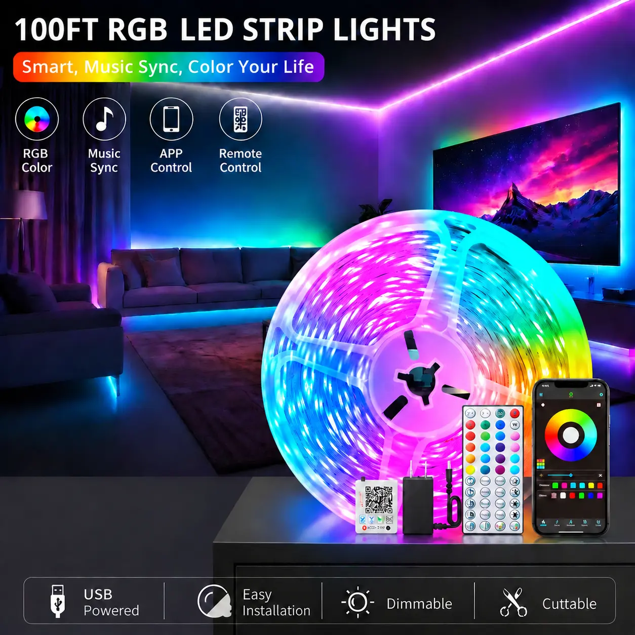 100FT Smart led lights RGB led light bedroom with 44 Keys IR Remote, App Control, Music Sync, Timer & Dimmable Brightness,Flexible adhesive design for bedroom & gaming room. Perfect ideal present for family, led lights bedroom