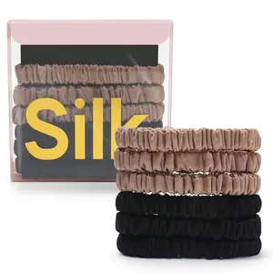 6Pcs Silk Slip Skinny Hair Scrunchies - 22 Momme Pure Silk Ponytail Holders for Women & Girls (Color 02)
