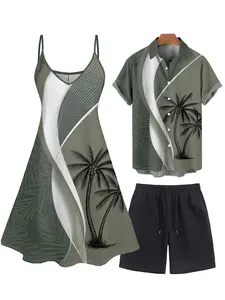 2026 Couple Set Women's Colorblock Coconut Tree Leaf Print Spaghetti Strap Vacation Dress And Men's Roll Up Sleeve Shirt Solid Color Drawstring Waist Beach Casual Shorts Matching Outfit