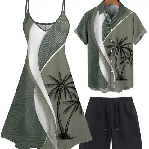 2026 Couples' Outfits: Women's Color-Blocked Coconut Leaf Print Spaghetti-Strap Vacation Dress, Men's Solid-Color Rolled-Sleeve Waist-Tied Casual Beach Shorts