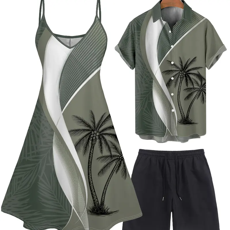 2026 Couples' Outfits: Women's Color-Blocked Coconut Leaf Print Spaghetti-Strap Vacation Dress, Men's Solid-Color Rolled-Sleeve Waist-Tied Casual Beach Shorts