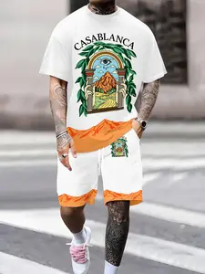 Men's Fashion Casablanca Tropical Printed Set, T-Shirt and Drawstring Shorts, Outdoor Sports and Casual Wear, Best Gift for Men