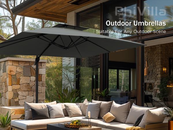PHI VILLA 9ft X 12ft Cantilever Patio Umbrella with 360° Rotation, Heavy Duty Hydraulic Double Umbrella Windproof for Outdoor Use, Summer's Day