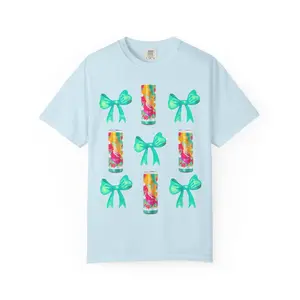 Bow & Can Pattern T-Shirt — Colorful Soda Can and Teal Bows Graphic Tee, Fabric, Knit