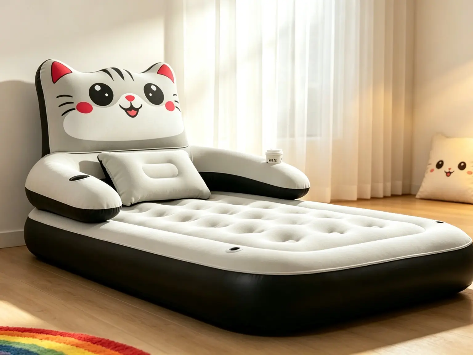 Kids' Cartoon Theme Inflatable Cat Bed - Compact Fold, Easy Inflate, Portable Size, Velvet Flocking Indoor Furniture Mattress for Comfortable Sleeping